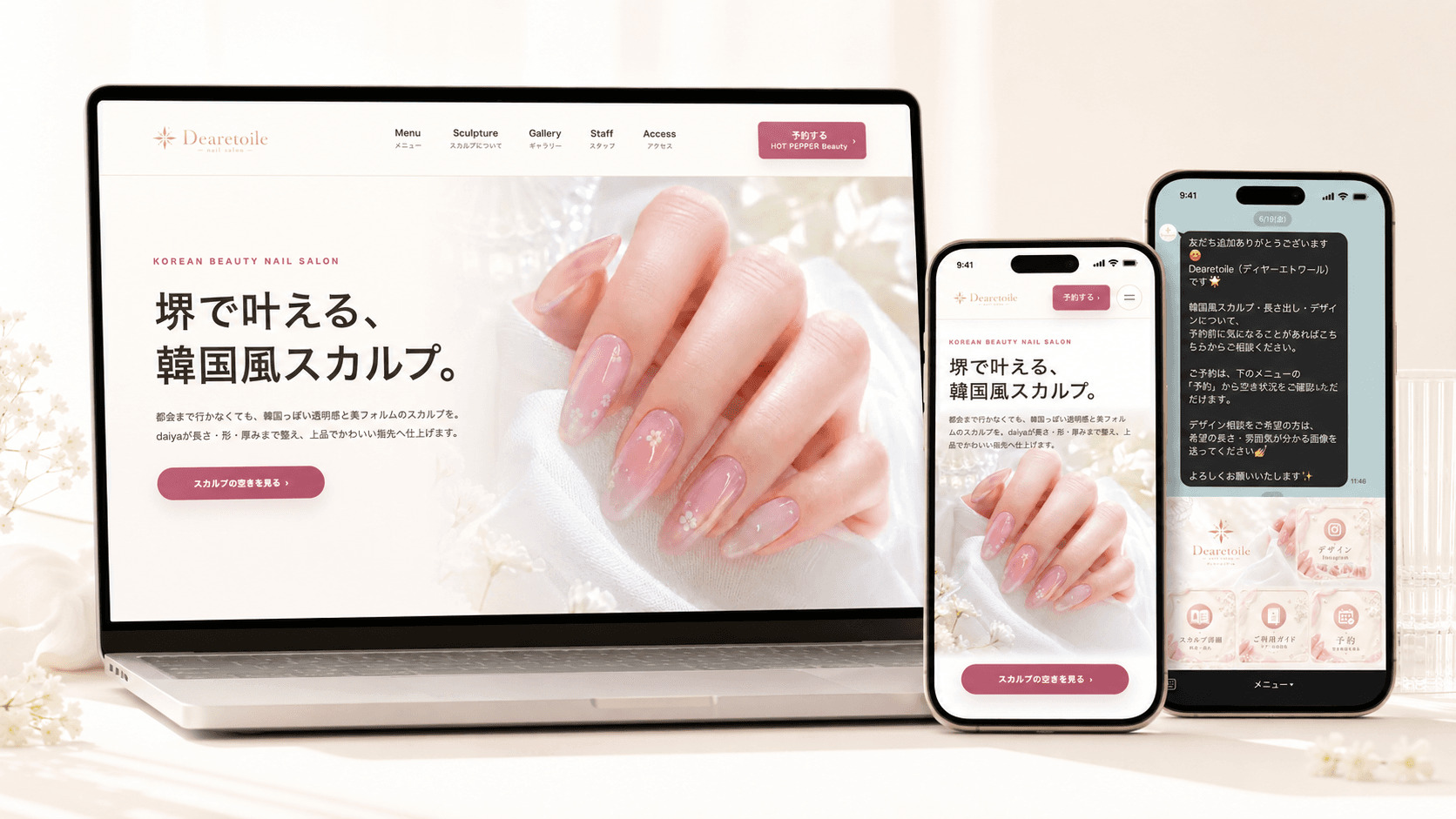 Dearetoileの公式HP・スマホ画面・LINE導線をまとめた導線整備事例ビジュアル