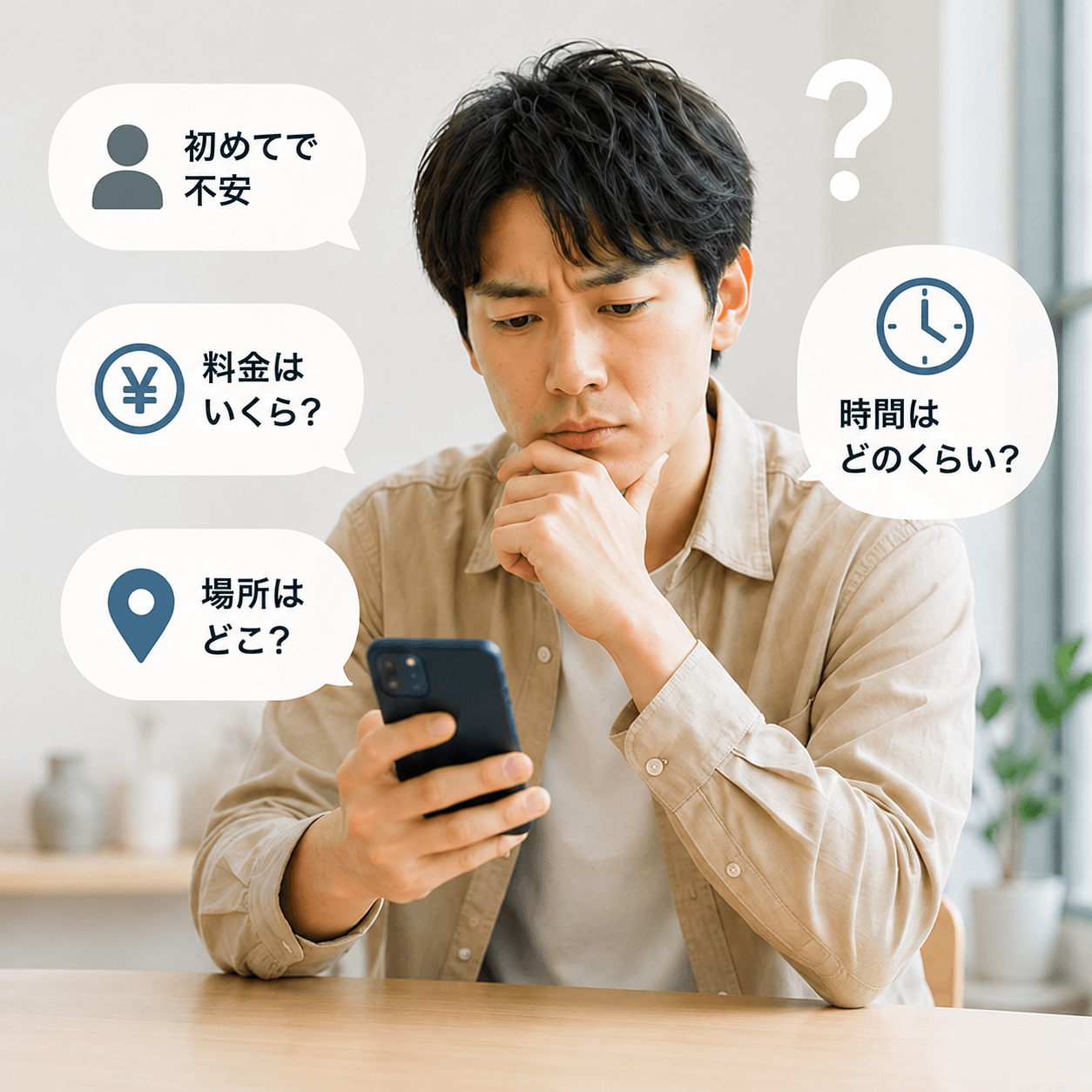 料金や場所や所要時間が分からず判断に迷っているお客様のイメージ